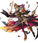  1girl armor armored_boots arrow_(projectile) bare_shoulders bodysuit boots bow_(weapon) breasts broken_armor cleavage clenched_teeth dark_skin earrings feather_trim feathers fire fire_emblem fire_emblem_heroes flaming_eye full_body gloves gold_trim gradient gradient_clothes gradient_hair green_eyes hat high_heels highres holding holding_bow_(weapon) holding_weapon jewelry laegjarn_(fire_emblem) large_breasts leg_up lips long_hair looking_away makeup multicolored_hair official_art orange_hair p-nekor pantyhose parted_lips purple_bodysuit purple_lips red_eyes shiny shiny_clothes shoulder_armor sleeveless solo teeth torn_clothes transparent_background two-tone_hair weapon 