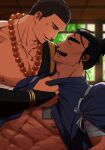  2boys abs anger_vein bara bead_necklace beads beard_stubble black_hair blurry blurry_background blush bracelet closed_eyes collarbone crave_saga dark-skinned_male dark_skin facial_hair fuyou_(crave_saga) ginjimaru_(crave_saga) japanese_clothes jewelry kimono kimono_pull long_hair looking_at_another male_focus mature_male monk multiple_boys muscular nattukre necklace nipples open_mouth pectorals ponytail short_hair sparse_chest_hair stubble thick_eyebrows very_short_hair yaoi 