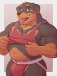  2020 3:4 5_fingers acephlosion anthro belly big_bulge big_muscles black_body black_eyebrows black_fur black_nipples black_nose black_pawpads brown_body brown_fur bulge canid canine canis clothing domestic_dog eyebrows fingers fur green_eyes hi_res humanoid_hands jockstrap looking_at_viewer male mammal mastiff molosser musclegut muscular muscular_anthro muscular_male nipples pawpads pink_tongues rottweiler shirt smile solo standing tank_top thick_eyebrows tongue tongue_out topwear underwear 
