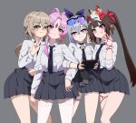  4girls bell black_hair blush breasts brown_hair choker commentary english_commentary eyewear_on_head facial_mark forehead_jewel fox_mask fu_xuan_(honkai:_star_rail) green_eyes grey_background grey_eyes grey_hair grin hair_bell hair_ornament hairclip highres honkai:_star_rail honkai_(series) leovic long_hair looking_at_viewer mask mask_on_head multiple_girls necktie pantyhose pink_eyes pink_hair pleated_skirt qingque_(honkai:_star_rail) school_uniform silver_wolf_(honkai:_star_rail) simple_background skirt smile sparkle_(honkai:_star_rail) string sunglasses twintails v white_pantyhose 