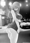  1girl arm_under_breasts ass back_cutout bare_arms bare_shoulders blurry blurry_background blush breasts building car cleavage cleavage_cutout clothes_pull clothing_cutout go-toubun_no_hanayome greyscale hair_between_eyes heart_cutout highres kosmos_beta large_breasts long_hair long_hair_between_eyes looking_at_viewer meme_attire monochrome motor_vehicle nakano_miku naked_sweater outdoors parted_lips photo_background road solo standing street sweater sweater_pull thighs turtleneck turtleneck_sweater virgin_killer_sweater 