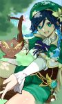  1boy absurdres androgynous bard beret black_hair blue_hair braid brown_corset cape cecilia_flower_(genshin_impact) collared_cape corset flower genshin_impact gradient_hair green_cape green_eyes green_hat green_shorts hat hat_flower highres long_sleeves looking_at_viewer lyre male_focus multicolored_hair open_mouth osashimi_0343x otoko_no_ko shirt short_hair_with_long_locks shorts side_braids smile twin_braids venti_(genshin_impact) vision_(genshin_impact) white_flower white_shirt 