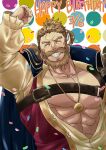  1boy abs absurdres arm_up bara beard bergamond_(crave_saga) chest_hair closed_eyes crave_saga dated eyebrow_cut facial_hair happy_birthday highres jewelry large_pectorals long_hair male_focus mature_male muscular muscular_male necklace open_clothes pectorals polka_dot polka_dot_background pon_tarami ponytail smile solo thick_eyebrows thick_mustache 