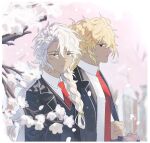  2boys alternate_costume baekseolgi bag blonde_hair blue_jacket blue_sweater blurry border braid cherry_blossoms closed_mouth collared_shirt commentary_request dark-skinned_male dark_skin depth_of_field empty_eyes expressionless falling_petals fate/grand_order fate_(series) flower goetia_(fate) hair_between_eyes hair_over_shoulder highres holding_strap jacket korean_commentary light_particles light_smile long_hair long_sleeves looking_at_viewer looking_to_the_side male_focus multiple_boys necktie open_clothes open_jacket outdoors petals ponytail red_eyes red_necktie school_bag school_uniform shirt shoulder_bag side_braid sideways_glance single_braid solomon_(fate) sweater tree upper_body very_long_hair white_border white_hair white_shirt wing_collar yellow_eyes 