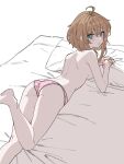  1girl ahoge ass back bed_sheet blush breasts brown_hair highres looking_at_viewer looking_back lying medium_breasts on_stomach original panties parted_lips pillow pink_panties short_hair_with_long_locks shoulder_blades solo taka_oedo topless underwear underwear_only 