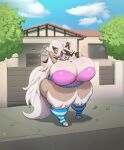 anthro big_breasts bottomwear bra breasts canid canine canis clothed clothing fangs female fluffy fluffy_chest fluffy_tail footwear garnet_(thicccomplex) generation_7_pokemon gesture hair hi_res huge_breasts lycanroc mammal massive_thighs midday_lycanroc nintendo norodoggo pokemon pokemon_(species) sidewalk skirt socks spiky_hair tail teeth thick_thighs underwear waving waving_at_viewer wolf wolf_ears wolf_tail