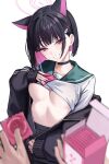  1girl absurdres aoi_riko black_choker black_hair black_jacket black_skirt blue_archive blunt_ends blurry blurry_foreground blush bob_cut breasts cat_choker choker clothes_lift collarbone colored_inner_hair commentary_request condom condom_box condom_wrapper extra_ears fingernails green_sailor_collar grin hair_behind_ear hair_ornament hairclip halo head_tilt highres jacket kazusa_(blue_archive) large_breasts lifted_by_self long_sleeves looking_at_viewer medium_hair multicolored_hair neckerchief open_clothes open_jacket pink_eyes pink_hair pink_halo pink_neckerchief sailor_collar school_uniform serafuku shirt_lift simple_background skirt sleeves_past_wrists smile solo_focus two-tone_hair underboob unzipping white_background white_serafuku 