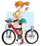  1girl ;d alternate_breast_size aqua_eyes aqua_shorts arched_back bangs bare_arms bare_legs bare_shoulders bicycle breasts crop_top crop_top_overhang denim denim_shorts eyelashes fingernails from_side full_body ground_vehicle highres holding holding_poke_ball index_finger_raised kasumi_(pokemon) large_breasts long_fingernails looking_at_viewer looking_to_the_side masao midriff one_eye_closed open_mouth orange_hair photoshop_(medium) poke_ball poke_ball_(basic) pokemon pokemon_(anime) pokemon_(classic_anime) red_footwear revision shirt shoes short_hair short_ponytail short_shorts shorts side_ponytail simple_background skindentation smile sneakers solo strap_gap suspenders tank_top two-tone_background yellow_shirt 
