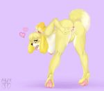  &lt;3 animal_crossing anthro begging bent blonde_hair blush bodily_fluids breasts breath canid canine canis domestic_dog female genitals hair hair_bun isabelle isabelle_(animal_crossing) mammal masturbation nintendo panting paws pussy saliva solo video_games xaix 