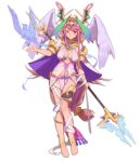  1girl anklet ark_order bandaged_leg bandages barefoot bird bra bracelet breasts breasts_apart cape center_opening closed_mouth dress fire full_body hairband head_wings holding holding_polearm holding_weapon jewelry large_breasts long_hair looking_at_viewer low-tied_long_hair necklace official_art pelvic_curtain pink_hair polearm purple_bra qa&#039;a_(ark_order) red_cucumber sidelocks sleeveless sleeveless_dress smile solo tachi-e thighlet transparent_background underwear variant_set very_long_hair weapon white_cape white_dress white_wings wings 
