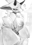 3gs animal_crossing anthro areola asian_clothing big_breasts breast_grab breast_squish breasts choker clothed clothing deer east_asian_clothing female greyscale hand_on_breast hi_res horn huge_breasts japanese_clothing jewelry kimono mammal monochrome necklace nintendo nipples open_mouth partially_clothed shino_(animal_crossing) solo squish tongue tongue_out