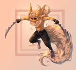 absurd_res anthro biped clothed clothing dual_wielding eeveelution eye_patch eyewear flareon fur generation_1_pokemon hi_res holding_object holding_weapon male nintendo occult_symbol open_mouth open_smile pentagram pokemon pokemon_(species) red_eyes rikosakari smile solo symbol tail weapon