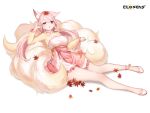  1girl :o alternate_hair_color animal_ear_fluff animal_ears ankle_bell autumn_leaves breasts cleavage cleavage_cutout closers clothing_cutout copyright_name dress ear_down fox_ears fox_girl fox_tail full_body hand_up highres kitsune kyuubi large_breasts layered_dress leaf leaf_on_head levia_(closers) logo long_hair long_sleeves low_twintails lying lying_on_tail maple_leaf multiple_tails no_pupils official_art on_back pink_dress pink_hair purple_eyes rubbing_eyes see-through see-through_sleeves sleepy solo tail twintails two-tone_dress uneven_eyes white_background white_footwear yellow_dress yellow_sleeves yellow_tail 