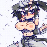  1girl black_eyes black_hair blood blood_on_breasts blush breasts cannsk commentary_request crop_top cuts detached_sleeves fighting_stance fingerless_gloves frown gloves grey_gloves grey_pants injury kurogane_arumi large_breasts linea_alba lowres midriff mma_gloves navel nipples oekaki original pants sleeveless sleeveless_turtleneck solo sweat torn_clothes torn_pants turtleneck twintails v-shaped_eyebrows 