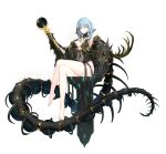  1girl ankle_ribbon antlers ark_order balor_(ark_order) bare_legs bare_shoulders barefoot black_dress black_gloves black_ribbon blue_hair bone breasts closed_mouth clothing_cutout crown deer_skull detached_sleeves dress feet floating floating_object full_body gauntlets glint gloves highres holding holding_staff horns hourai_no_hangentsuki leg_ribbon long_sleeves medium_breasts medium_hair monster no_panties o-ring official_art one_eye_closed pale_skin plantar_flexion ribbon sidelocks sitting skeleton smile solo staff tachi-e throne transparent_background underboob_cutout wide_sleeves yellow_eyes 