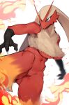  1girl blaziken blue_eyes breasts claws fewer_digits fighting_stance fire furry furry_female groin highres kicking large_breasts navel pokemon pokemon_(creature) pyoin_pyoin serious simple_background solo standing standing_on_one_leg white_background 