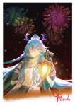  1girl absurdres adjusting_scarf aerial_fireworks aran_sweater arknights bandaged_arm bandages black_sky blue_hair border braid cable_knit chinese_commentary coat colored_extremities commentary_request cropped_legs dragon_girl dragon_horns fireworks hands_up highres holding holding_lantern horns lantern light_particles ling_(arknights) long_hair looking_at_viewer night night_sky open_clothes open_coat pointy_ears purple_eyes purple_horns scarf short_sleeves signature sky smile solo sweater white_border white_coat white_scarf white_sweater yinhepongpong 