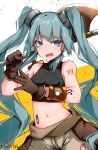  1girl absurdres arm_tattoo axe baileys_(tranquillity650) blue_eyes blue_hair brown_gloves crop_top floating_hair gloves grey_pants hair_ornament hatsune_miku highres holding holding_axe long_hair midriff navel number_tattoo open_mouth pants solo standing stomach tattoo twintails twitter_username very_long_hair vocaloid 