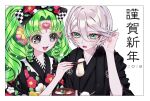  2girls :d adjusting_hair ao_(ao0_0nemu) bad_id bad_twitter_id black_bow black_kimono bow bowl chopsticks colored_eyelashes commentary_request falulu falulu_(awakened) feeding floral_print floral_print_kimono food forehead_jewel green_eyes green_hair grey_eyes grey_hair hair_between_eyes hair_bow hand_up happy_new_year headphones highres holding holding_chopsticks japanese_clothes kimono long_hair long_sleeves mochi multiple_girls open_mouth parted_bangs pretty_series pripara shikyoin_hibiki short_hair sidelocks smile translation_request twintails upper_body white_background 