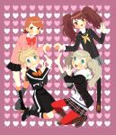  4girls black_sailor_collar black_skirt black_socks black_thighhighs blonde_hair blue_eyes blush bow bowtie brown_eyes brown_hair cardigan choker closed_mouth collared_shirt commentary english_commentary full_body gekkoukan_high_school_uniform hair_ornament hairclip heart heart_background heart_hands heart_hands_quartet highres hood hood_down kneeling kujikawa_rise lisa_silverman long_hair long_sleeves looking_at_viewer melkymelkii multiple_girls neckerchief on_one_knee open_mouth pantyhose persona persona_2 persona_3 persona_4 persona_5 pink_cardigan pleated_skirt red_bow red_bowtie red_pantyhose sailor_collar school_uniform serafuku seven_sisters_high_school_uniform shirt short_hair shuujin_academy_school_uniform skirt socks standing takamaki_anne takeba_yukari tarot the_lovers_(tarot) thighhighs trait_connection twintails v white_choker white_shirt yasogami_school_uniform yellow_neckerchief 