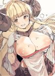  1girl ahoge anila_(granblue_fantasy) blonde_hair blunt_bangs blush breasts breasts_out brown_eyes brown_skirt cape draph gloves gorirago granblue_fantasy highres horns large_breasts long_hair looking_at_viewer nipples sheep_horns short_eyebrows simple_background skirt solo sweat very_long_hair white_background white_gloves 