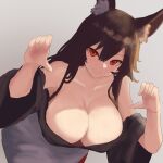  1girl absurdres animal_ear_fluff animal_ears bare_shoulders breasts brown_hair cleavage closed_mouth collarbone commentary_request dress gradient_background grey_background hair_between_eyes highres imaizumi_kagerou large_breasts long_hair long_sleeves looking_at_viewer moriforest1040 off-shoulder_dress off_shoulder red_eyes simple_background smile solo touhou upper_body white_dress wide_sleeves wolf_ears wolf_girl 