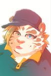  2020 absurd_res anthro blue_eyes clothing eyewear felid fur glasses hat headgear headwear heylaw21 hi_res kemono licho_(tas) mammal overweight overweight_anthro pantherine portrait shirt simple_background solo tiger tokyo_afterschool_summoners tongue tongue_out topwear video_games white_body white_fur 