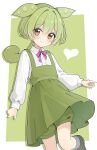  1girl absurdres blush bow bowtie brown_eyes closed_mouth collared_shirt dress earrings edamame foot_out_of_frame green_dress green_footwear green_hair green_shorts green_theme heart highres jewelry long_hair long_sleeves looking_at_viewer low_ponytail odorukaminoke pea_pod pink_bow pink_bowtie puffy_shorts puffy_sleeves shirt shorts simple_background smile solo standing standing_on_one_leg voicevox white_shirt zundamon 