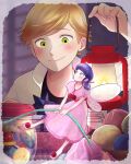  1boy 1girl adrien_agreste black_shirt blonde_hair blue_eyes blue_hair blush buttons catnoir_love closed_mouth dress fairy fairy_wings green_eyes highres holding_lamp jacket jar knitting lamp looking_at_another marinette_dupain-cheng miraculous_ladybug open_clothes open_jacket pink_dress shirt short_twintails smile twintails white_jacket wings wool 
