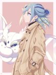  1boy alternate_costume blue_hair border brown_coat buttons closed_mouth coat commentary_request eyelashes from_side frosmoth grusha_(pokemon) hair_bun hand_in_pocket highres long_hair long_sleeves male_focus min_(myna8247) pink_background pokemon pokemon_(creature) pokemon_sv sweater white_border 