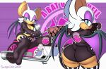 anthro bat breasts cleavage clothed clothing english_text eyeshadow female fur hi_res makeup mammal membrane_(anatomy) membranous_wings motorcycle omegasunburst rouge_the_bat sega short_stack signature solo sonic_the_hedgehog_(series) tan_body tan_skin text vehicle white_body white_fur wings