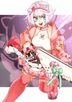  1girl absurdres ahoge black_gloves boots bracelet breasts collar dress elphelt_valentine fingerless_gloves frilled_dress frills gloves green_eyes guilty_gear guilty_gear_strive gun hairband highres holding holding_gun holding_weapon huge_ahoge jacket jewelry large_breasts long_sleeves looking_at_viewer mabost23 open_mouth pink_dress pink_footwear pink_hairband pink_jacket short_hair skull_print spiked_bracelet spiked_collar spiked_hairband spiked_jacket spikes standing standing_on_one_leg thigh_boots two-tone_dress weapon white_dress white_hair 