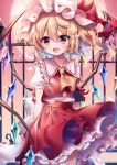  1girl absurdres ascot blonde_hair blush bow crystal embodiment_of_scarlet_devil flandre_scarlet hat hat_ribbon highres long_hair mob_cap open_mouth pudding_(skymint_028) puffy_short_sleeves puffy_sleeves red_eyes ribbon shirt short_hair short_sleeves side_ponytail skirt smile solo touhou wings 