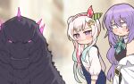  2girls airani_iofifteen blush_stickers denim_overalls distracted_boyfriend_(meme) godzilla godzilla_(monsterverse) godzilla_(series) hair_bun hairband highres hololive hololive_indonesia jacket kaijuu kukie-nyan long_hair meme moona_hoshinova multiple_girls palette_hair_ornament pink_hair purple_eyes purple_hair side_ponytail sweater virtual_youtuber white_jacket 