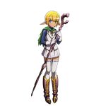  1boy blonde_hair blue_eyes blunt_bangs boots brown_footwear dark_elf elf gloves green_eyes heterochromia holding holding_staff mare_bello_fiore official_art overlord_(maruyama) pleated_skirt pointy_ears short_hair skirt solo staff thighhighs white_gloves 