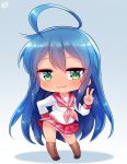 1girl :3 ahoge blue_background blue_hair born-to-die chibi commentary english_commentary full_body gradient gradient_background green_eyes hand_up highres izumi_konata kneehighs long_hair long_sleeves looking_at_viewer lucky_star mole mole_under_eye pink_neckwear red_sailor_collar red_skirt ryouou_school_uniform sailor_collar school_uniform serafuku skirt solo standing v very_long_hair 