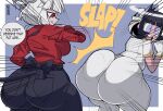 absurd_res azazel_(helltaker) big_butt biped breasts butt butt_slap clothed clothing dotodonoto duo female female/female hair helltaker hi_res huge_butt humanoid lucifer_(helltaker) rear_view red_eyes shirt slap spanking text thick_thighs thought_bubble topwear white_hair