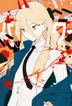  1girl artistic_error black_necktie blonde_hair blood blue_coat chainsaw_man character_name coat collared_shirt cowboy_shot cross-shaped_pupils debris demon_girl demon_horns dot_nose fang hair_between_eyes hair_intakes highres horns its_(pixiv_61283676) long_hair looking_to_the_side necktie open_clothes open_coat power_(chainsaw_man) red_horns shirt sidelocks smile solo symbol-shaped_pupils white_shirt 