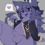  &lt;3 1:1 anthro balls canid canine foreskin fur genitals hair kemono male mammal mofuaki navel open_mouth pawpads penis purple_body purple_eyes purple_fur solo tongue tongue_out uncut 