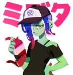  1girl 2gold baseball_cap blue_hair cephalopod_eyes colored_skin colored_tips commentary_request dedf1sh eyelashes green_skin hair_over_one_eye hand_on_own_hip hat holding holding_removed_eyewear korean_commentary long_hair multicolored_hair octoling print_headwear red-tinted_eyewear red_hair sanitized_(splatoon) simple_background solo splatoon_(series) splatoon_3 splatoon_3:_side_order tentacle_hair tinted_eyewear translation_request two-tone_hair unworn_eyewear upper_body white_background yellow_eyes 