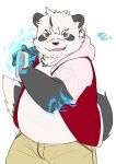  2020 anthro belly black_body black_fur bottomwear clothing fur giant_panda hi_res hoodie kazanari kemono male mammal overweight overweight_anthro overweight_male pants shirt simple_background solo topwear ursid weapon white_background white_body white_fur 