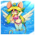  1girl ahoge alternate_costume animal_ears arm_behind_head bikini blush_stickers boxyam breasts cleavage commentary english_commentary feathered_wings flower food frilled_bikini frills green_hair hair_between_eyes highres ice_cream looking_up mad_rat_dead mouse_ears mouse_girl mouse_tail navel ocean rat_god_(mad_rat_dead) red_eyes sidelocks small_breasts solo swimsuit tail wet white_bikini wings 