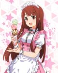  1girl :d apron blush bow bowtie breasts butterfly_ornament dot_nose dress food frilled_apron frilled_skirt frills holding holding_ice_cream_cone ice_cream ice_cream_cone idolmaster idolmaster_million_live! idolmaster_million_live!_theater_days long_hair looking_at_viewer maid_headdress official_alternate_costume official_art open_mouth parted_bangs pink_bow pink_bowtie pink_dress pretty_waitress_(idolmaster) puffy_short_sleeves puffy_sleeves red_eyes red_hair shirt short_sleeves sidelocks skirt small_breasts smile solo standing starry_background straight_hair thighhighs triple_scoop upper_body waist_apron waitress white_apron white_shirt white_thighhighs wrist_cuffs 