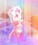 2020 anthro breasts deardrear ears_back eyes_closed felid feline female genitals hair hands_behind_head hi_res mammal multicolored_body navel nipples partially_submerged pivoted_ears pond puffy_nipples pussy smile solo two_tone_body white_hair 