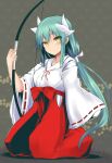  1girl blush bow_(weapon) breasts dragon_girl dragon_horns fate/grand_order fate_(series) green_hair hakama highres horns japanese_clothes kimono kiyohime_(fate) kneeling long_hair long_sleeves looking_at_viewer medium_breasts multiple_horns red_hakama sen_(astronomy) solo weapon white_kimono wide_sleeves yellow_eyes 
