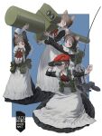  4girls absurdres aiming animal_ears apron backpack bag beret binoculars black_dress brown_eyes brown_hair cat_ears clenched_hand dress flat_chest hat headset highres holding holding_binoculars holding_rocket_launcher holding_weapon huge_weapon jack_arms kneeling long_dress maid maid_apron making-of_available multiple_girls original photo-referenced radio_antenna red_hat rocket_launcher short_hair weapon white_apron wrist_cuffs 