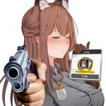  1girl absurdres animal_ear_fluff animal_ears arknights bangs blush breasts brown_eyes brown_gloves brown_hair commentary english_commentary eyebrows_visible_through_hair fox_ears franka_(arknights) gloves grey_shirt gun half-closed_eyes handgun highres holding holding_gun holding_weapon krirk large_breasts long_hair looking_at_viewer pistol shirt simple_background single_glove smile solo upper_body weapon white_background 