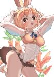  1girl absurdres animal_ears blue_bow blue_bowtie bow bowtie brown_eyes brown_hair carrot domestic_rabbit_(kemono_friends) dress extra_ears highres japari_symbol kemono_friends looking_at_viewer osnmykk rabbit_ears rabbit_girl ribbon shoes short_hair simple_background skirt solo white_ribbon 