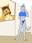  3:4 anthro beard canid canine canis clothed clothing covering covering_crotch coyote crop_top duo embarrassed facial_hair fish fuze hi_res ian_(fuze) male mammal marine midriff navel shark shirt texnatsu thong topless topwear underwear 