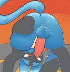 anthro anus ass_up backsack balls blue_body blue_fur blush butt canid canine digital_media_(artwork) erection fur generation_4_pokemon genitals hi_res looking_at_viewer lucario male mammal nintendo penis pokemon pokemon_(species) simple_background solo stretched_anus swoomy tail